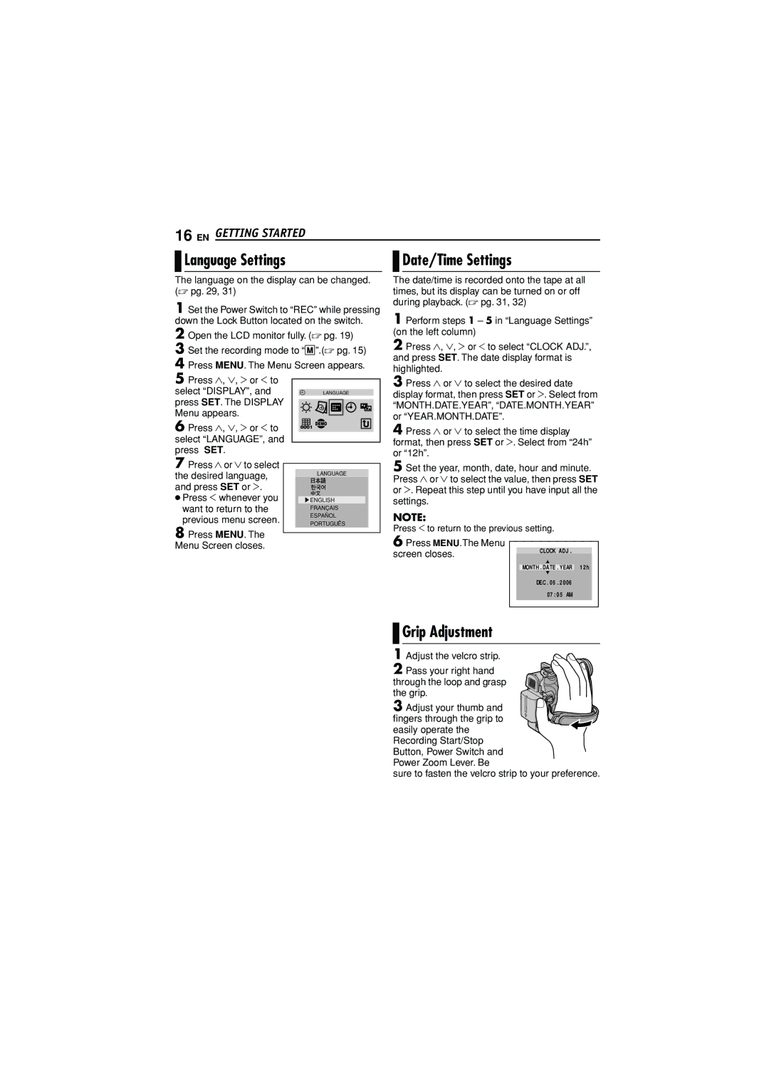 JVC GR-D372U manual Language Settings, Grip Adjustment, Language on the display can be changed.  pg 