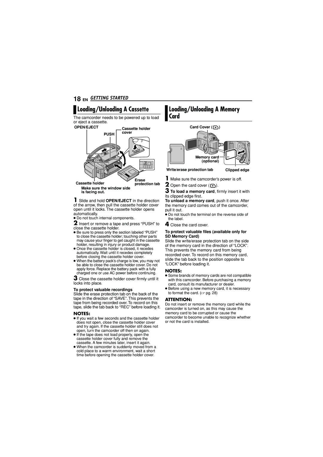 JVC GR-D372U Getting Started, To protect valuable recordings, Make sure the camcorder’s power is off Open the card cover 