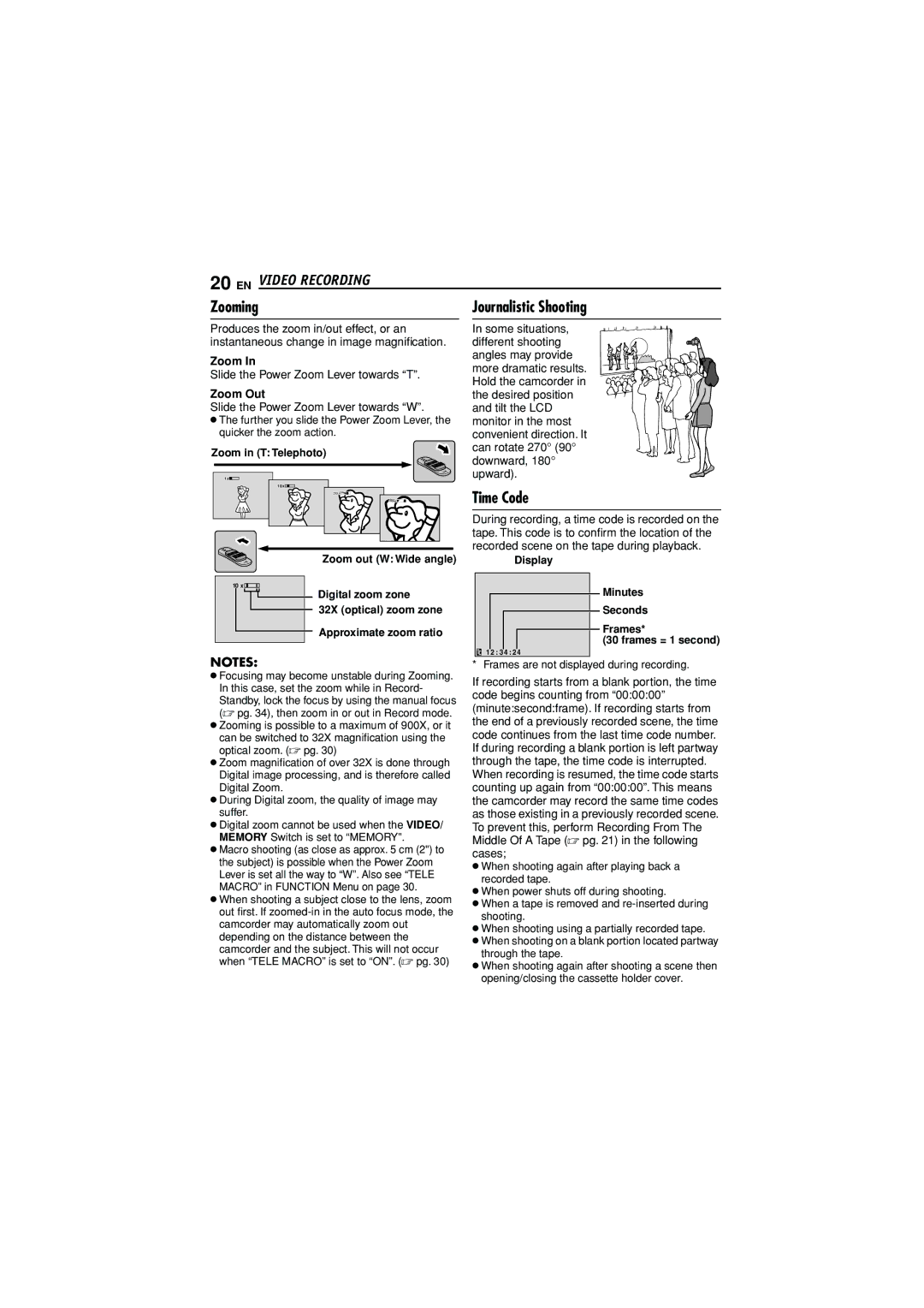 JVC GR-D372U manual EN Video Recording, Time Code, Zoom Out 