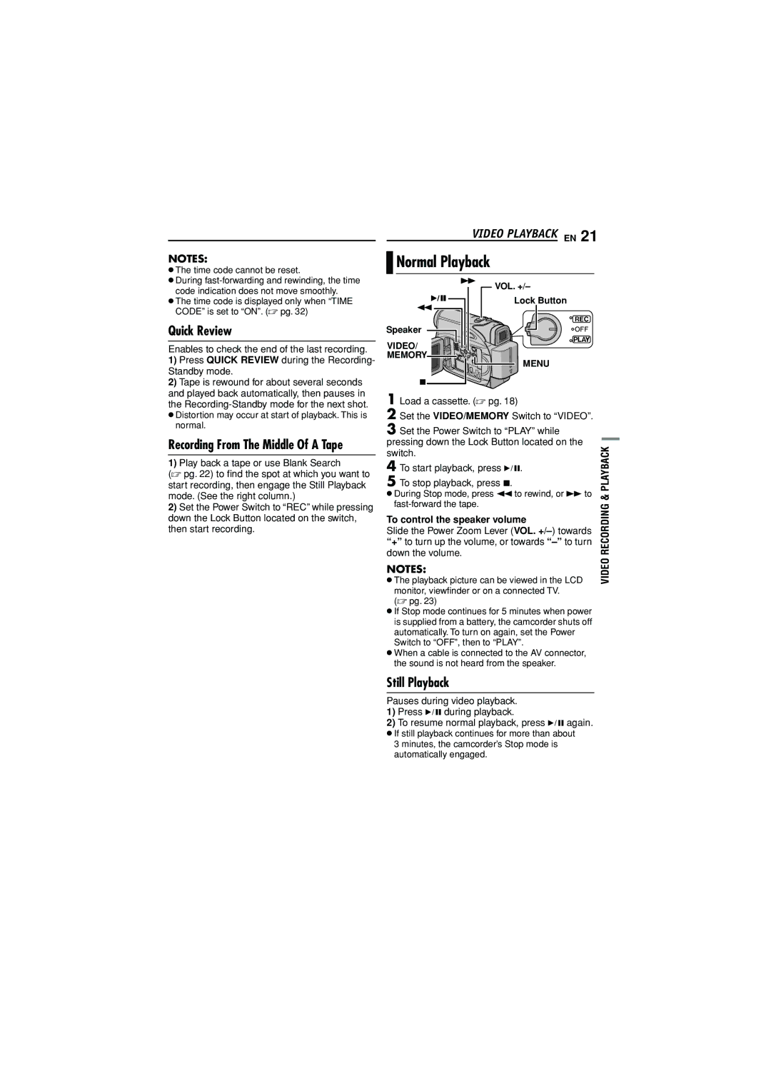 JVC GR-D372U manual Normal Playback, Quick Review, Still Playback, To control the speaker volume 