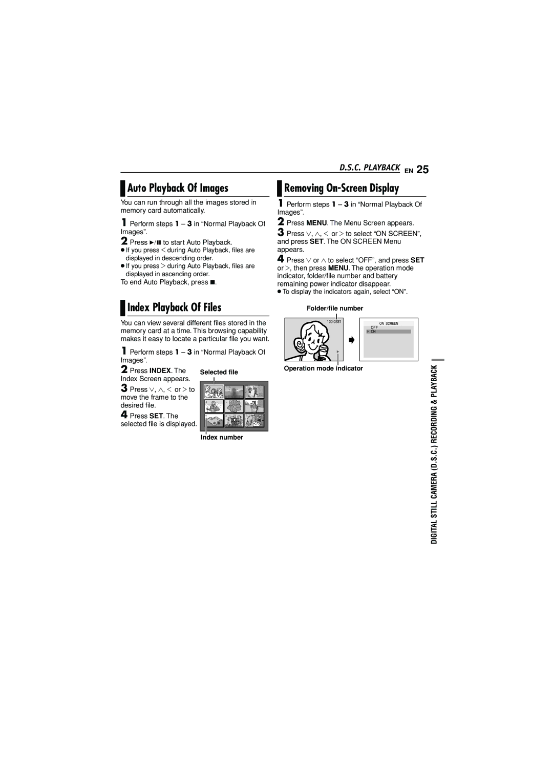 JVC GR-D372U manual Auto Playback Of Images, Index Playback Of Files Removing On-Screen Display 