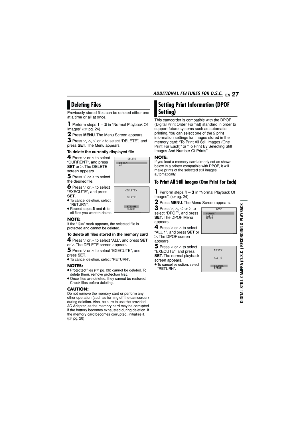 JVC GR-D372U manual Deleting Files, Setting Print Information Dpof Setting, To delete the currently displayed ﬁle 