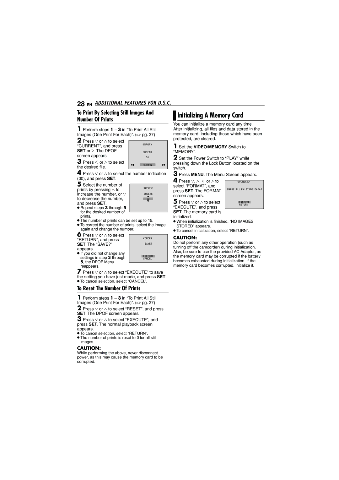 JVC GR-D372U manual Initializing a Memory Card, To Reset The Number Of Prints 