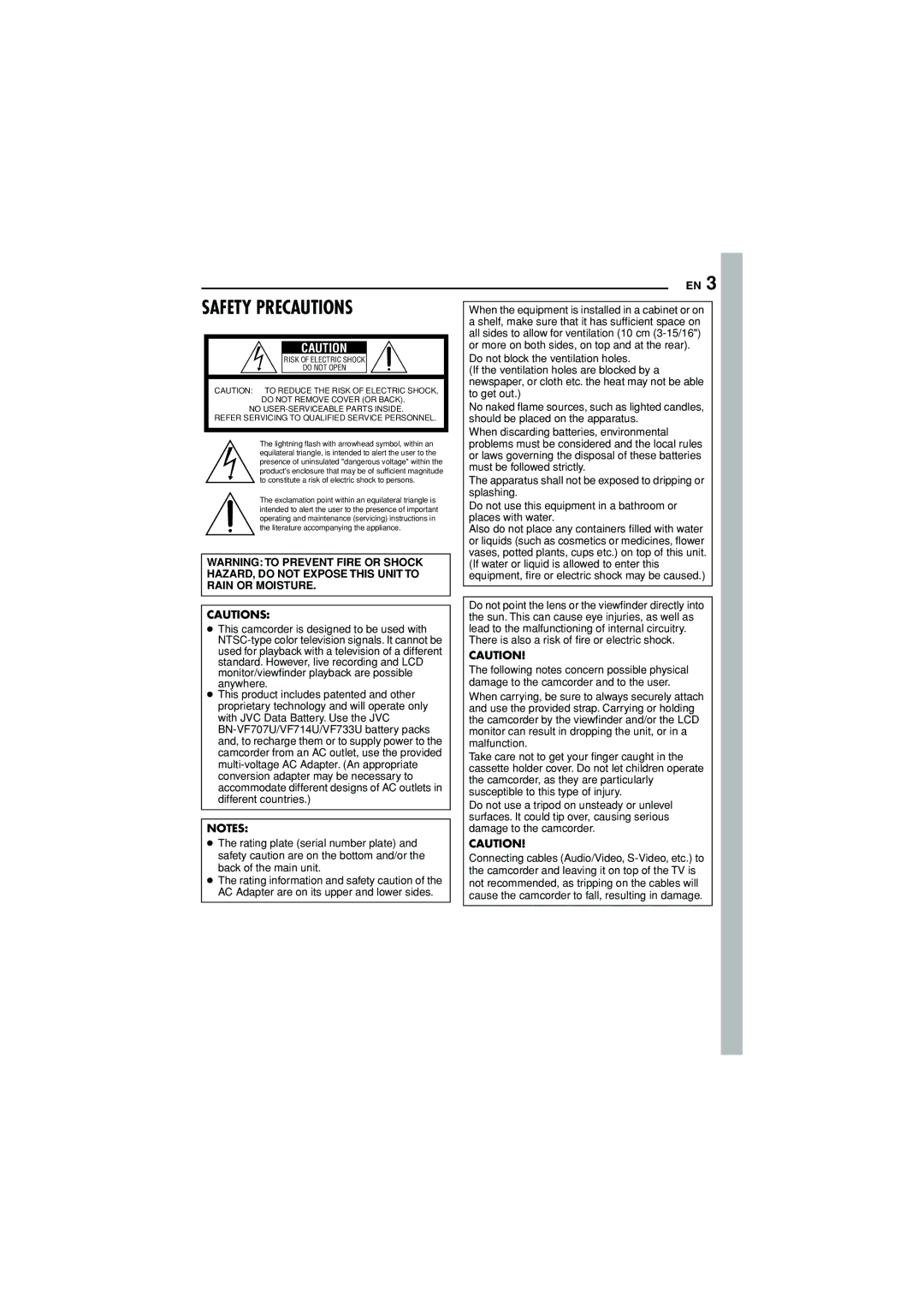 JVC GR-D372U manual Safety Precautions 