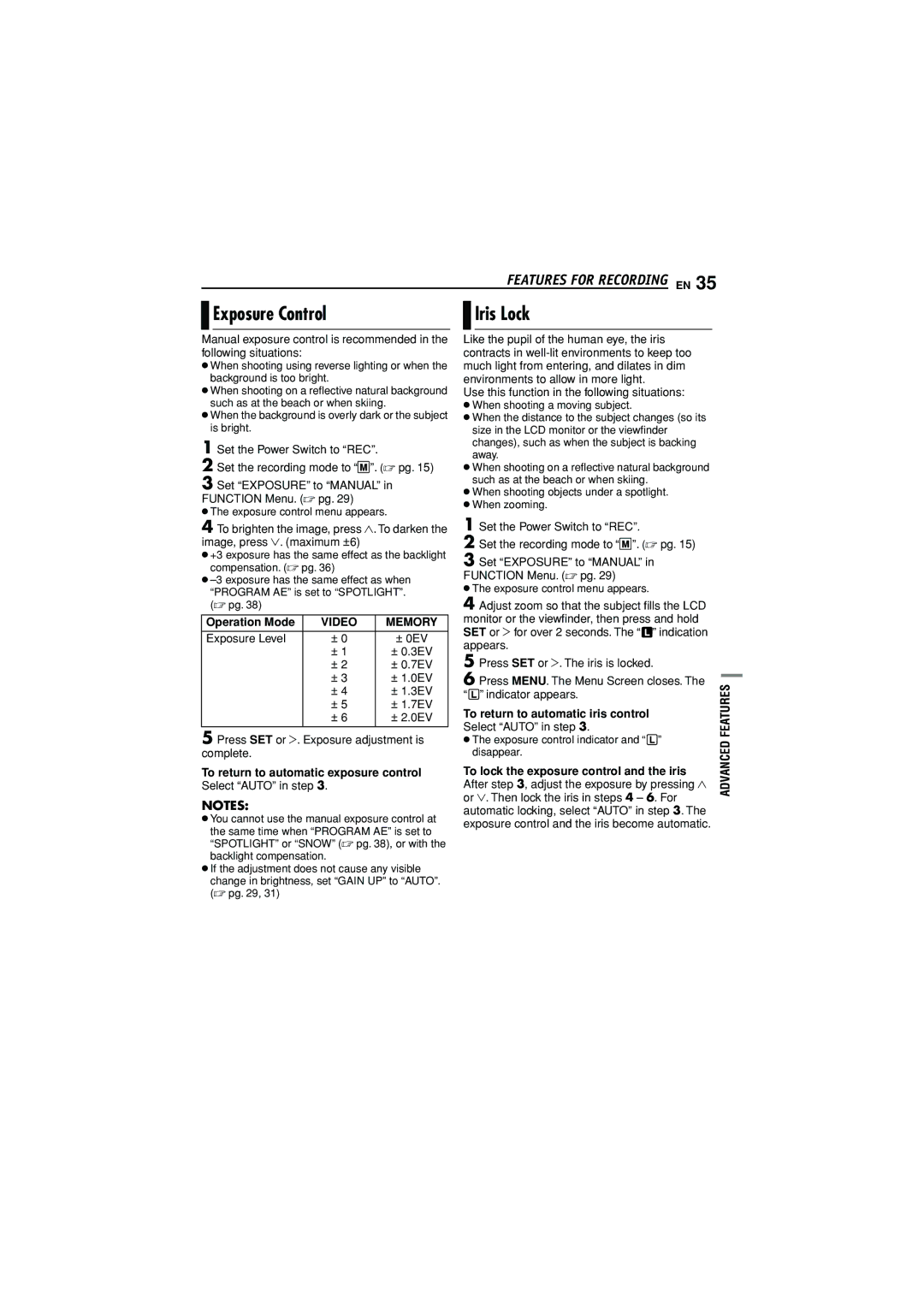 JVC GR-D372U manual Exposure Control Iris Lock, Video Memory 