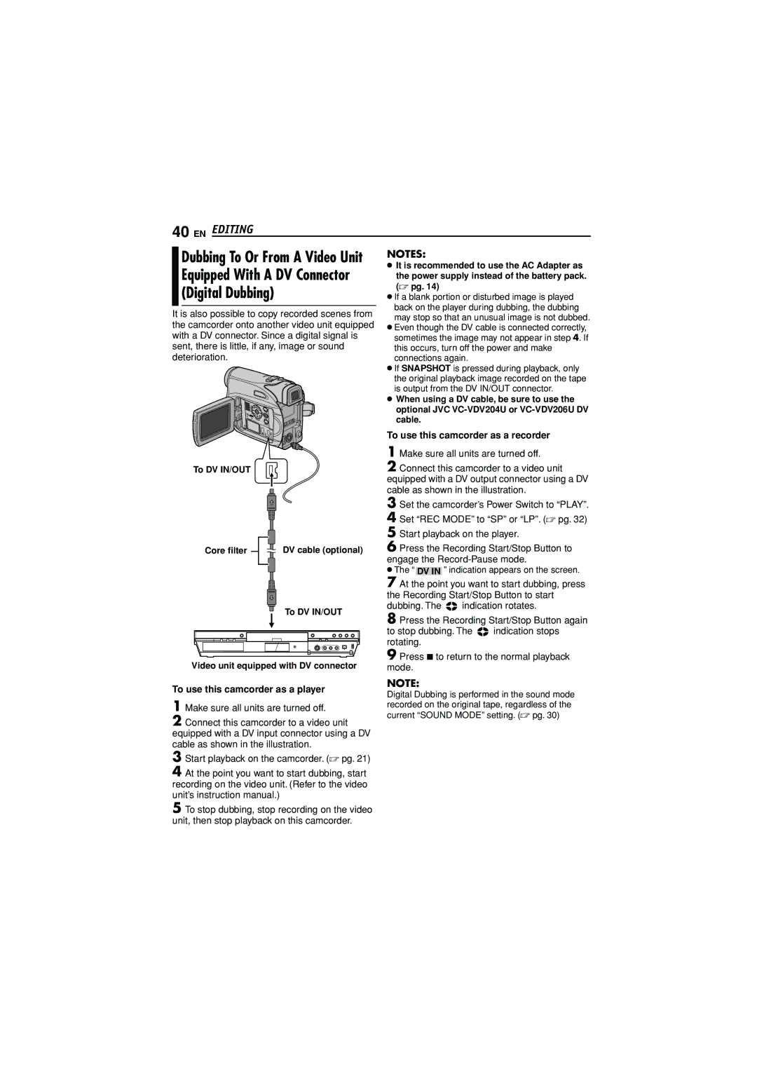 JVC GR-D372U manual Digital Dubbing, EN Editing, To use this camcorder as a recorder 