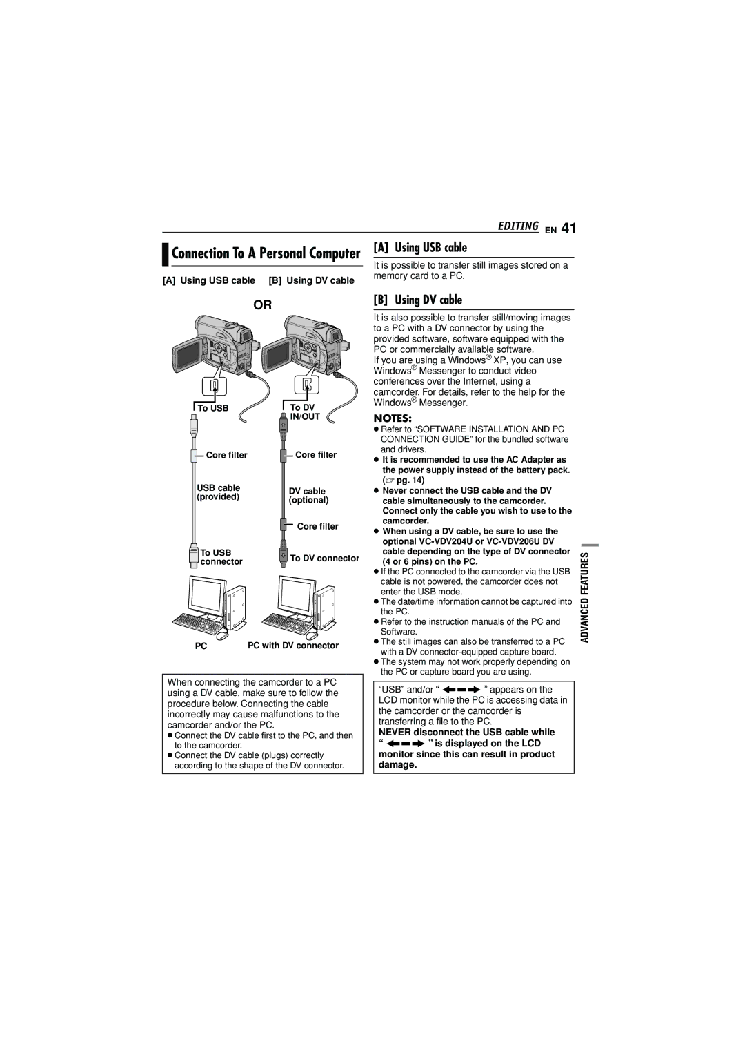 JVC GR-D372U manual Using USB cable B Using DV cable, Memory card to a PC 