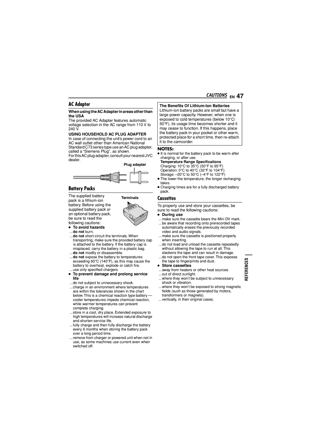 JVC GR-D372U manual AC Adapter, Battery Packs, Cassettes, Using Household AC Plug Adapter 