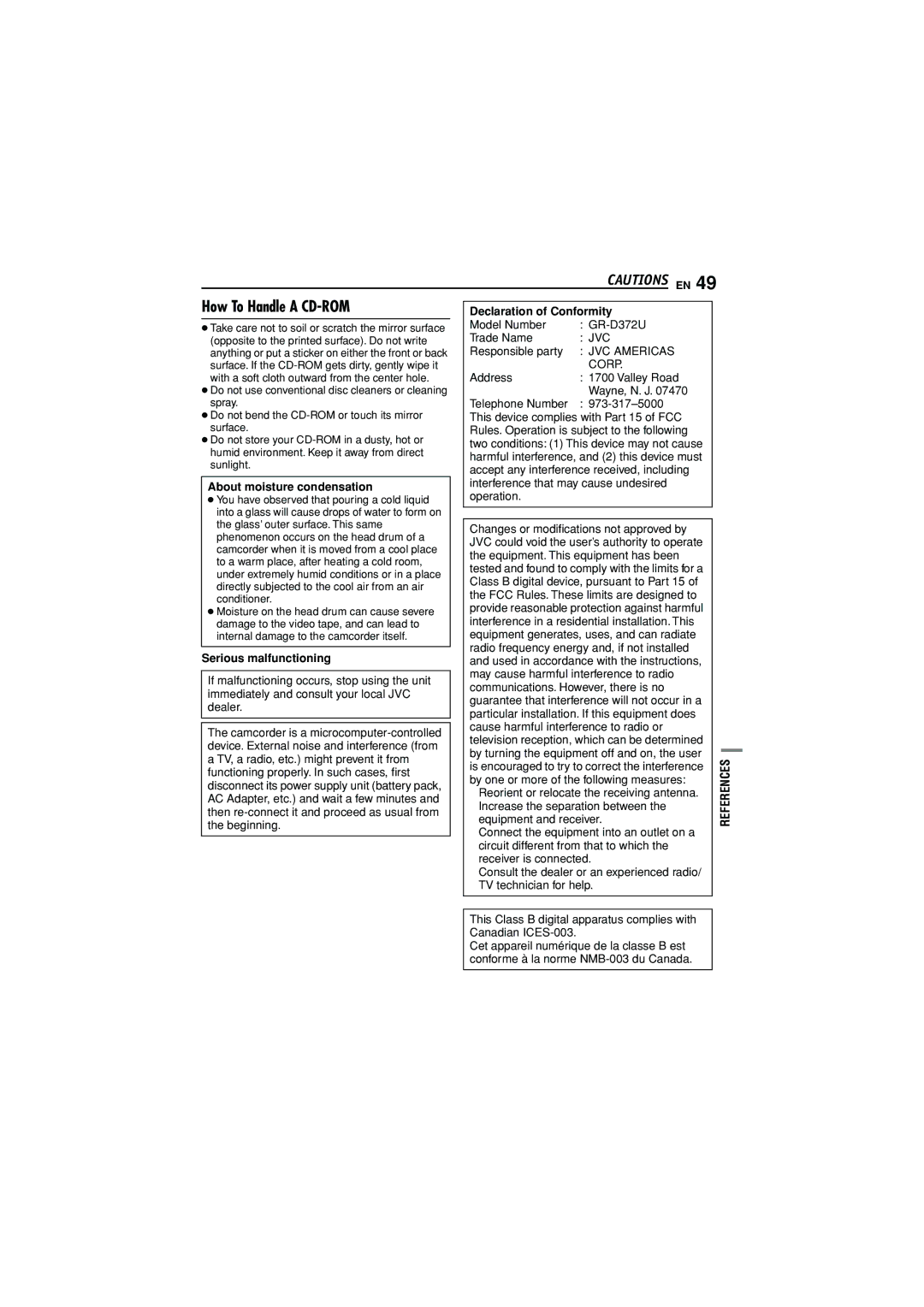 JVC GR-D372U manual How To Handle a CD-ROM, Declaration of Conformity, About moisture condensation, Serious malfunctioning 