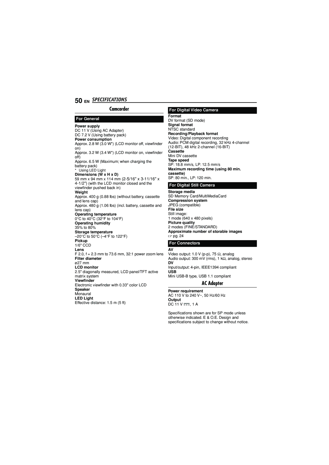 JVC GR-D372U manual EN Specifications, Camcorder 