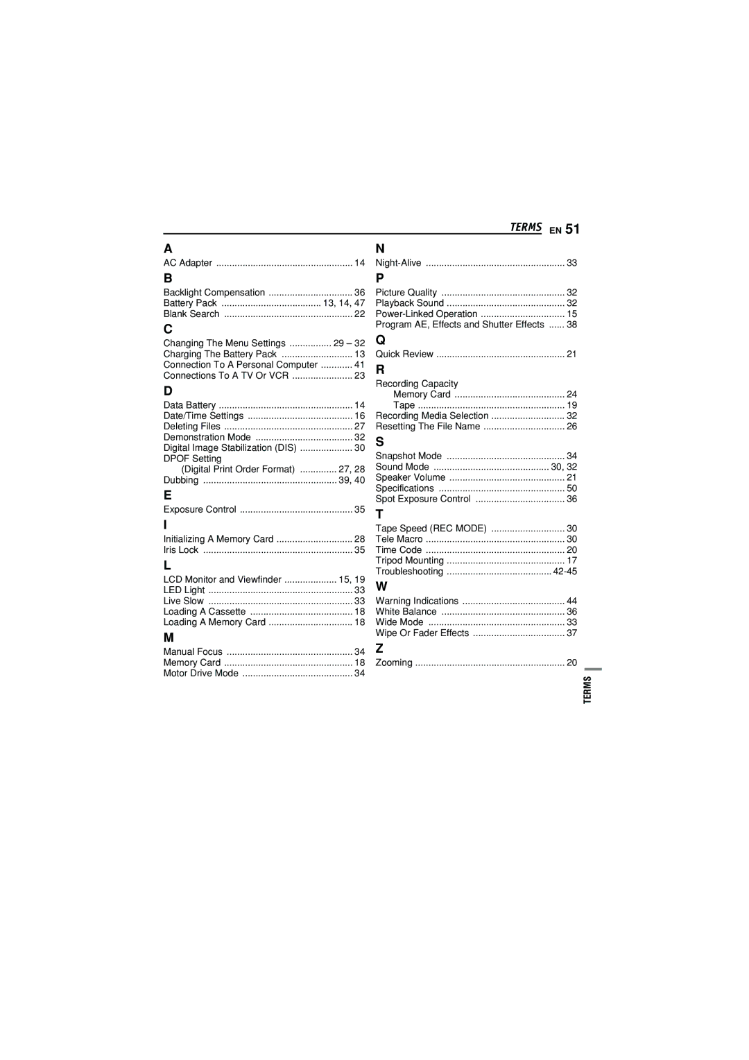 JVC GR-D372U manual Recording Capacity, Dpof Setting, 42-45, Motor Drive Mode, Terms 