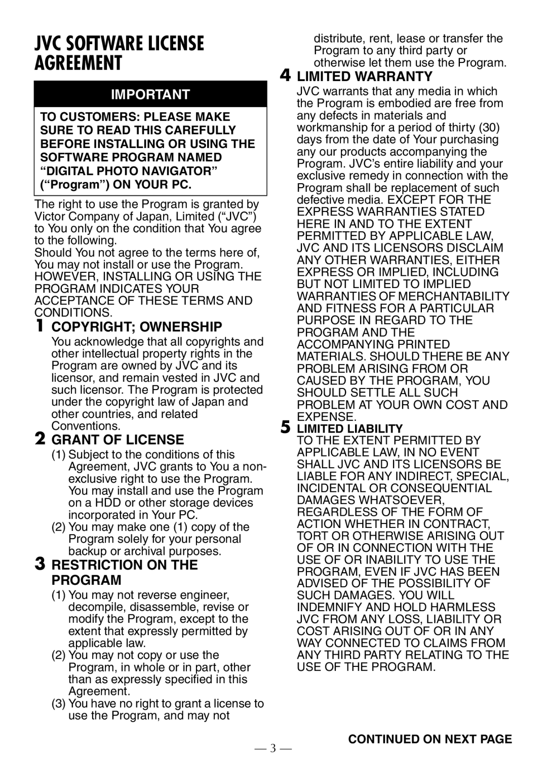 JVC GR-D372U manual JVC Software License Agreement, Limited Liability 