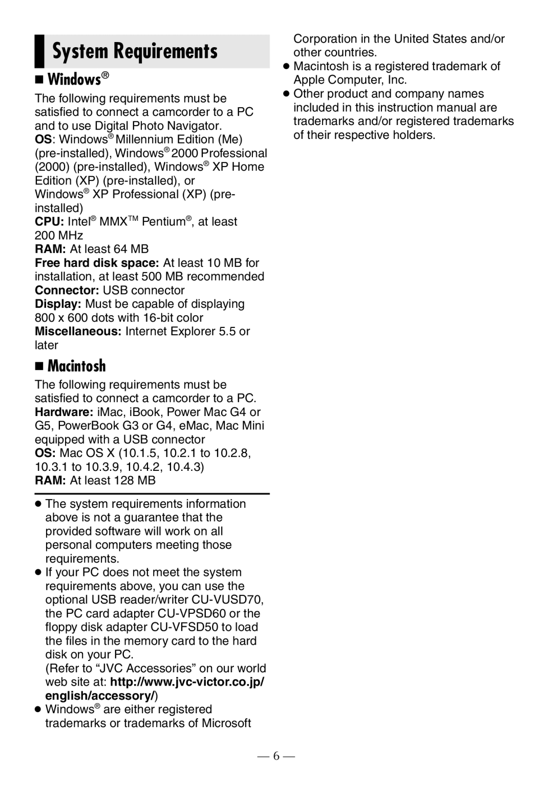 JVC GR-D372U manual System Requirements 