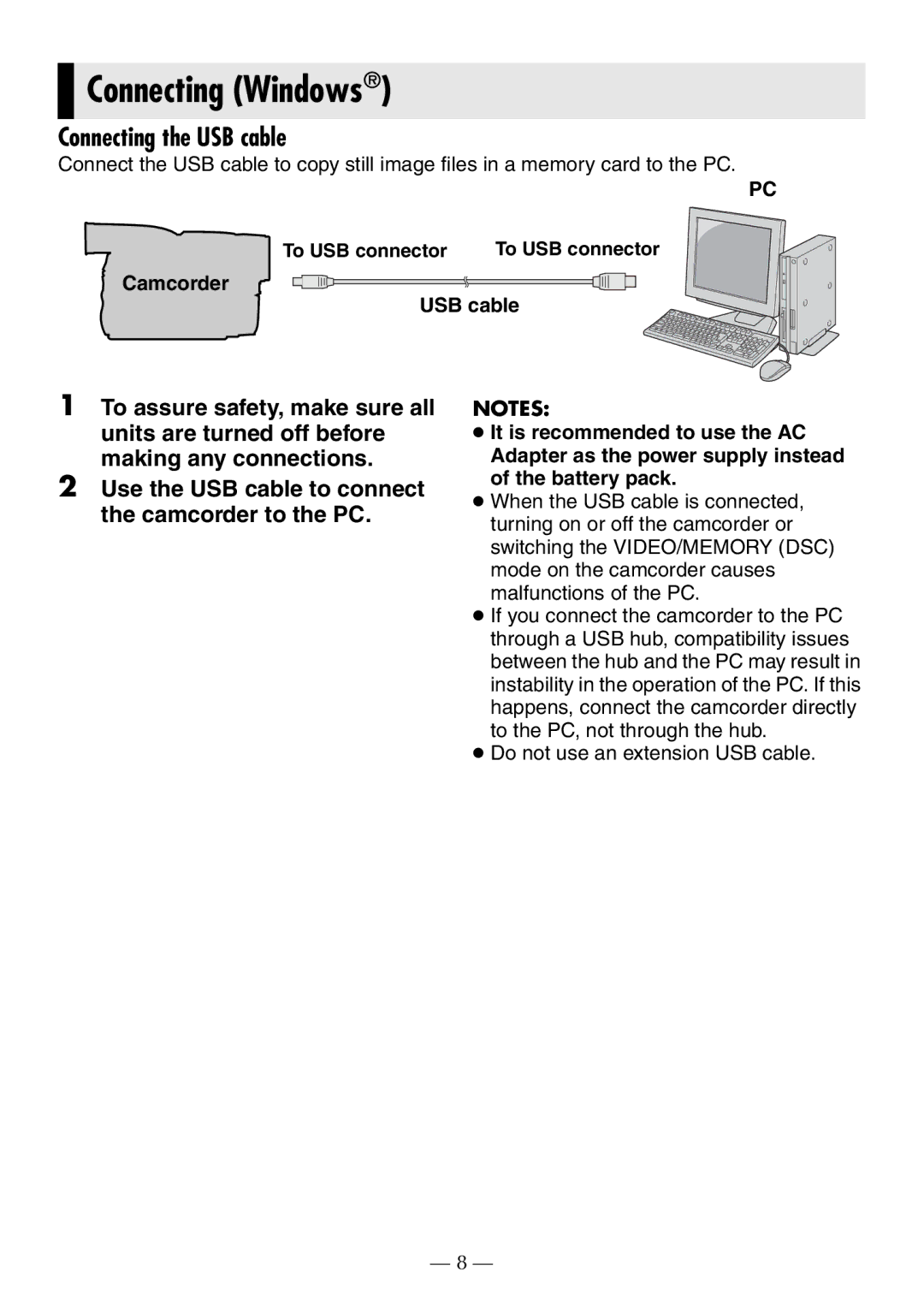 JVC GR-D372U manual Connecting the USB cable, To USB connector 