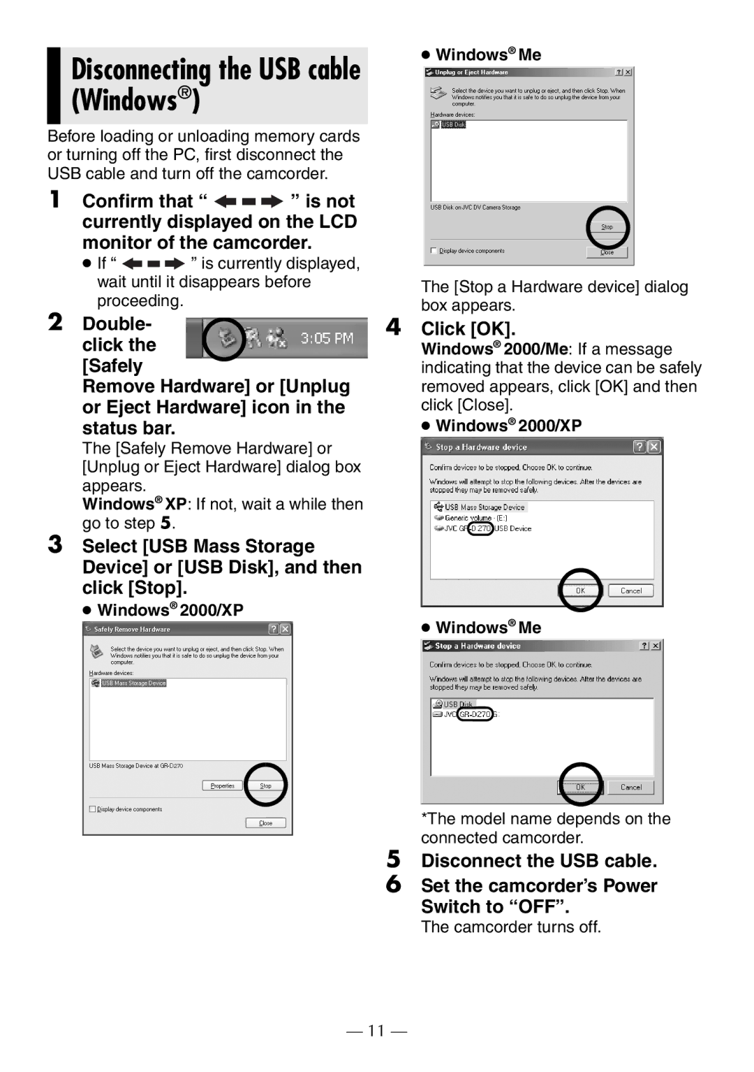 JVC GR-D372U manual Disconnecting the USB cable Windows 