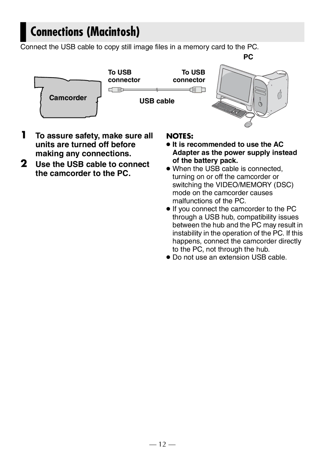 JVC GR-D372U manual Connections Macintosh, USB cable 