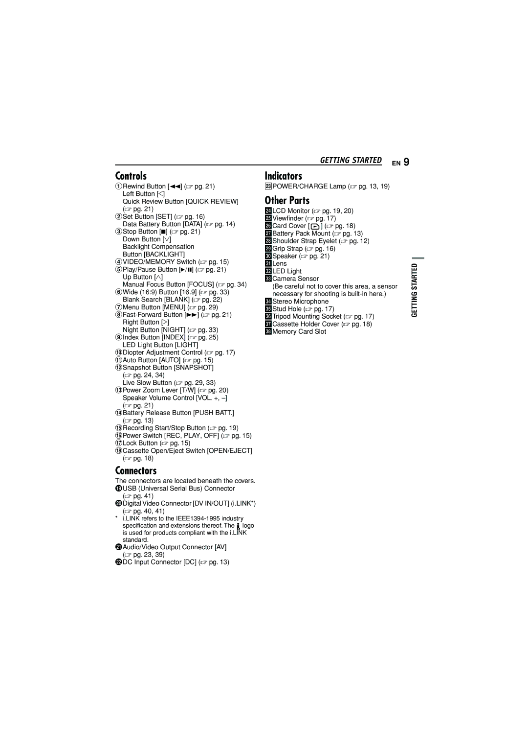 JVC GR-D372U manual Controls, ÇIndicators, ÉOther Parts, Connectors, Getting Started EN 