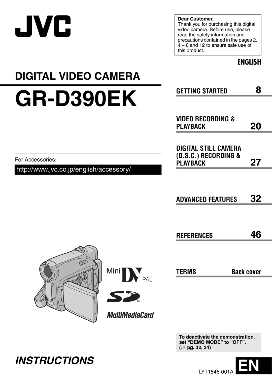 JVC GR-D390EK manual For Accessories, Digital Still Camera D.S.C. Recording, Dear Customer 