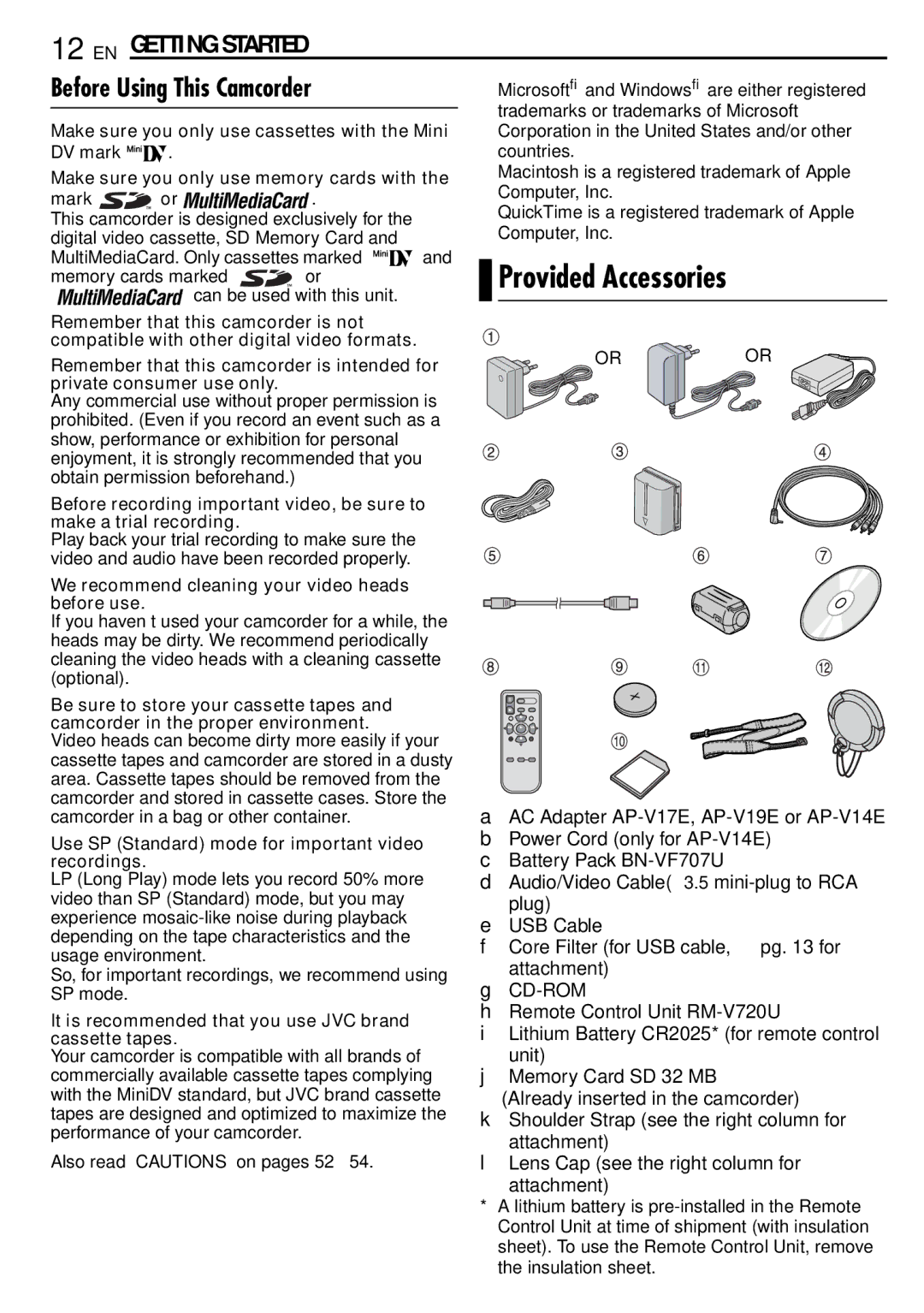 JVC GR-D390EK manual Before Using This Camcorder, Provided Accessories 