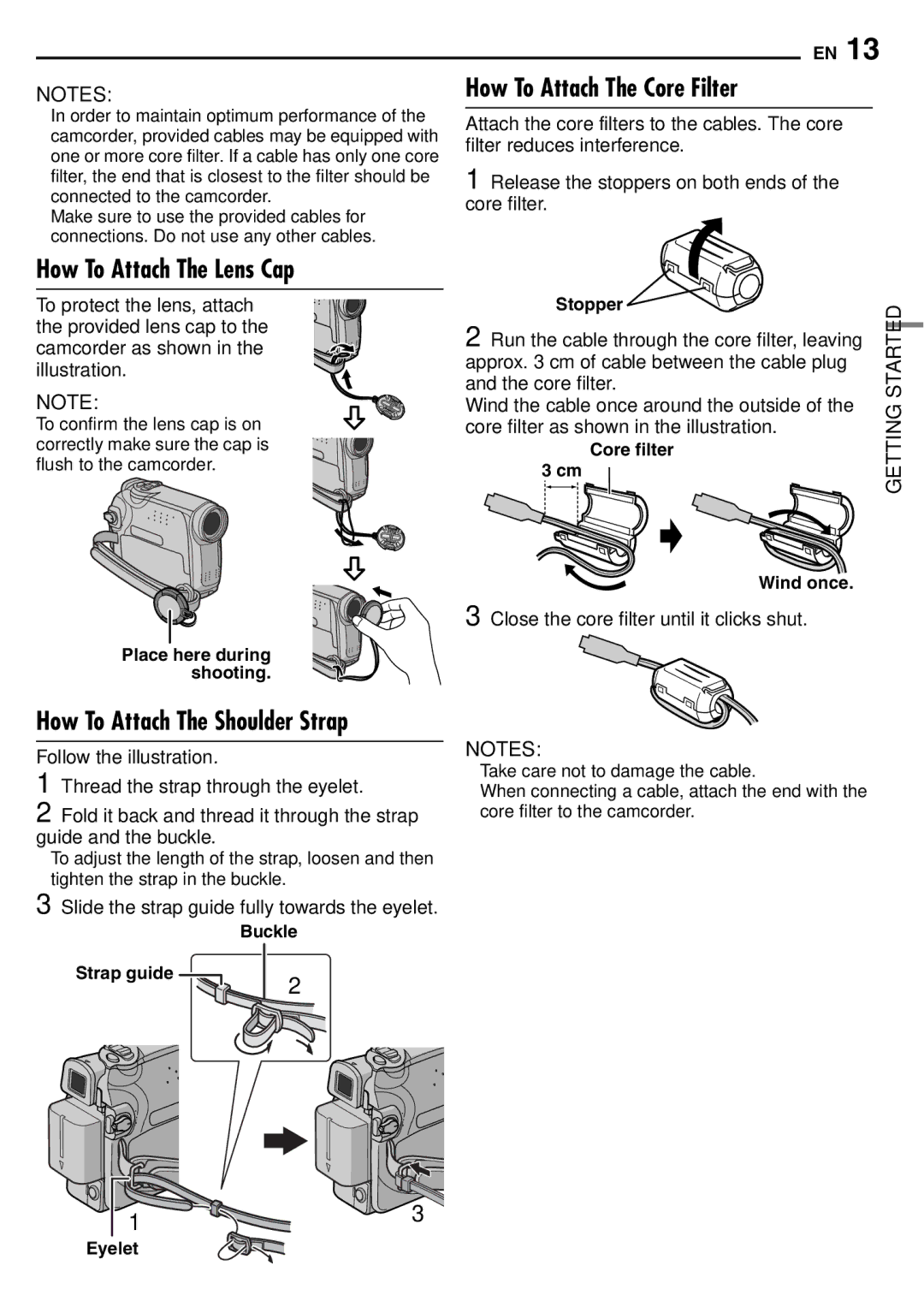 JVC GR-D390EK manual How To Attach The Core Filter, How To Attach The Lens Cap, How To Attach The Shoulder Strap 