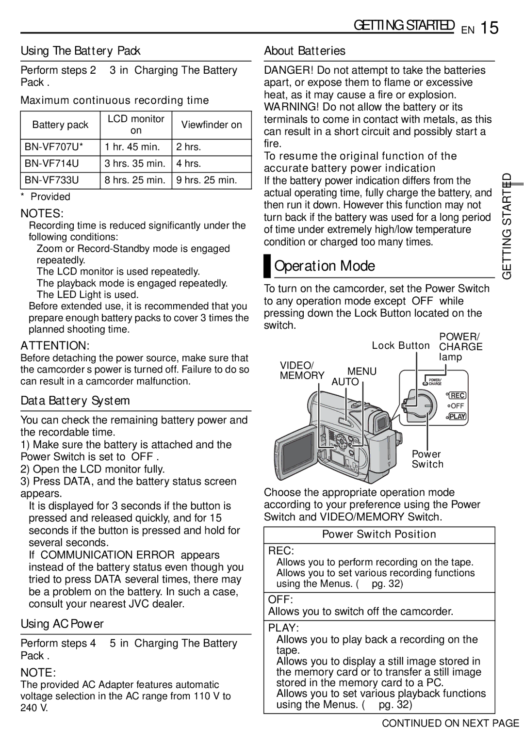 JVC GR-D390EK manual Operation Mode, Using The Battery Pack, Data Battery System, Using AC Power 