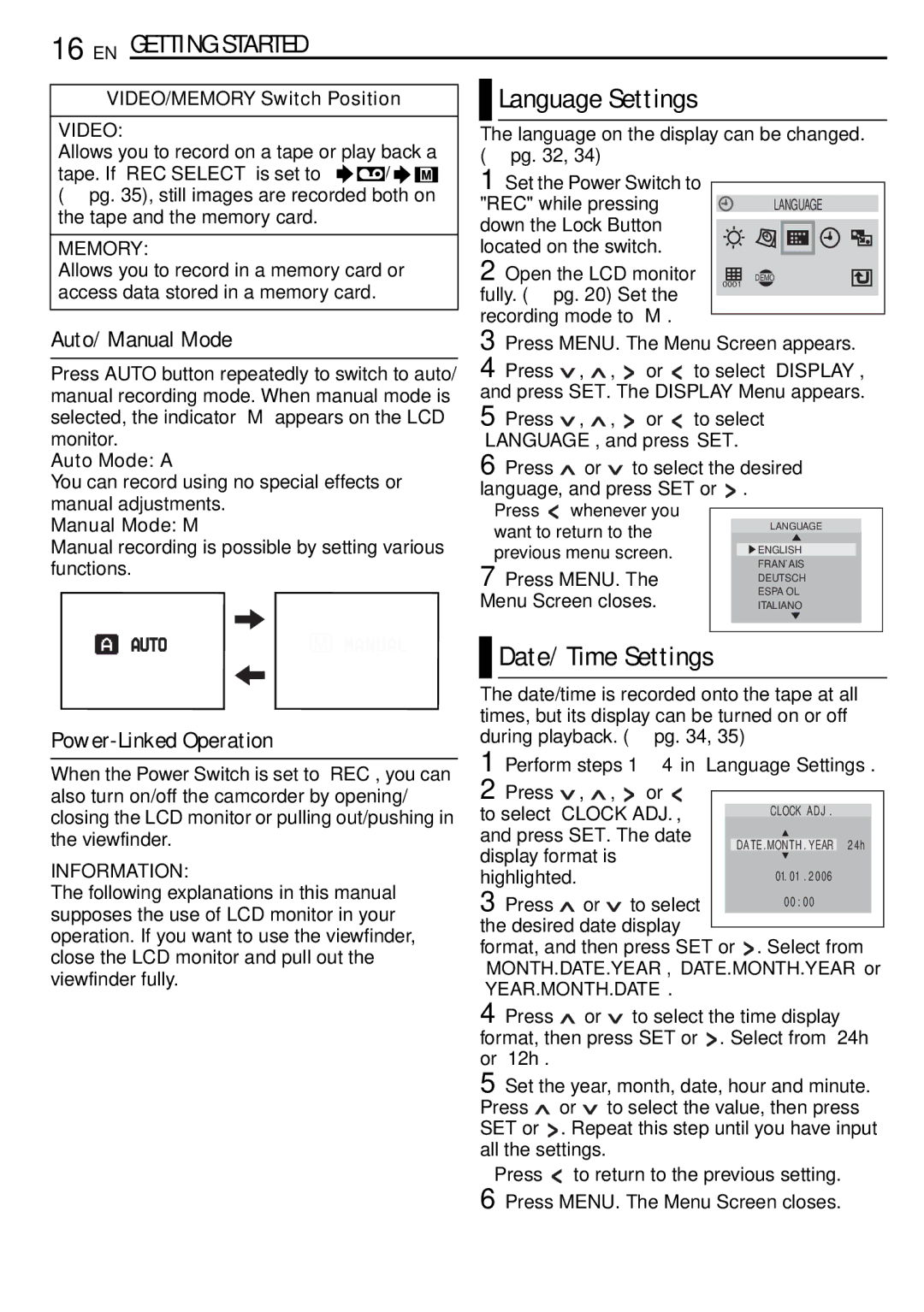 JVC GR-D390EK manual Language Settings, Date/Time Settings, Auto/Manual Mode, Power-Linked Operation 