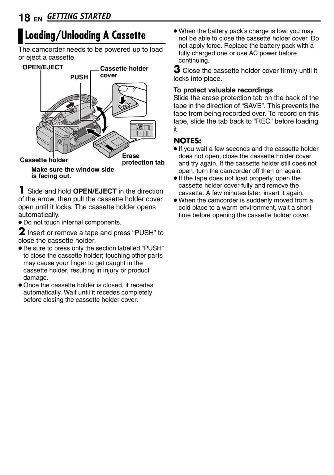 JVC GR-D390EK manual Loading/Unloading a Cassette, Or eject a cassette, To protect valuable recordings 