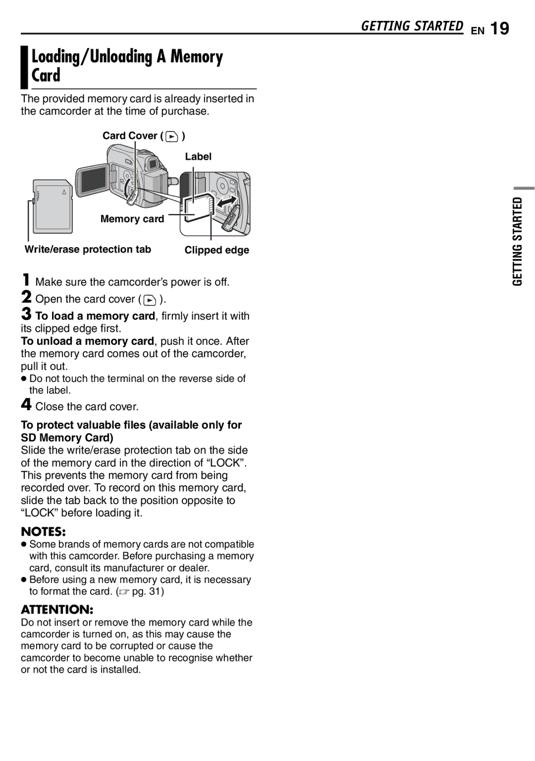 JVC GR-D390EK manual Loading/Unloading a Memory Card, Make sure the camcorder’s power is off Open the card cover 