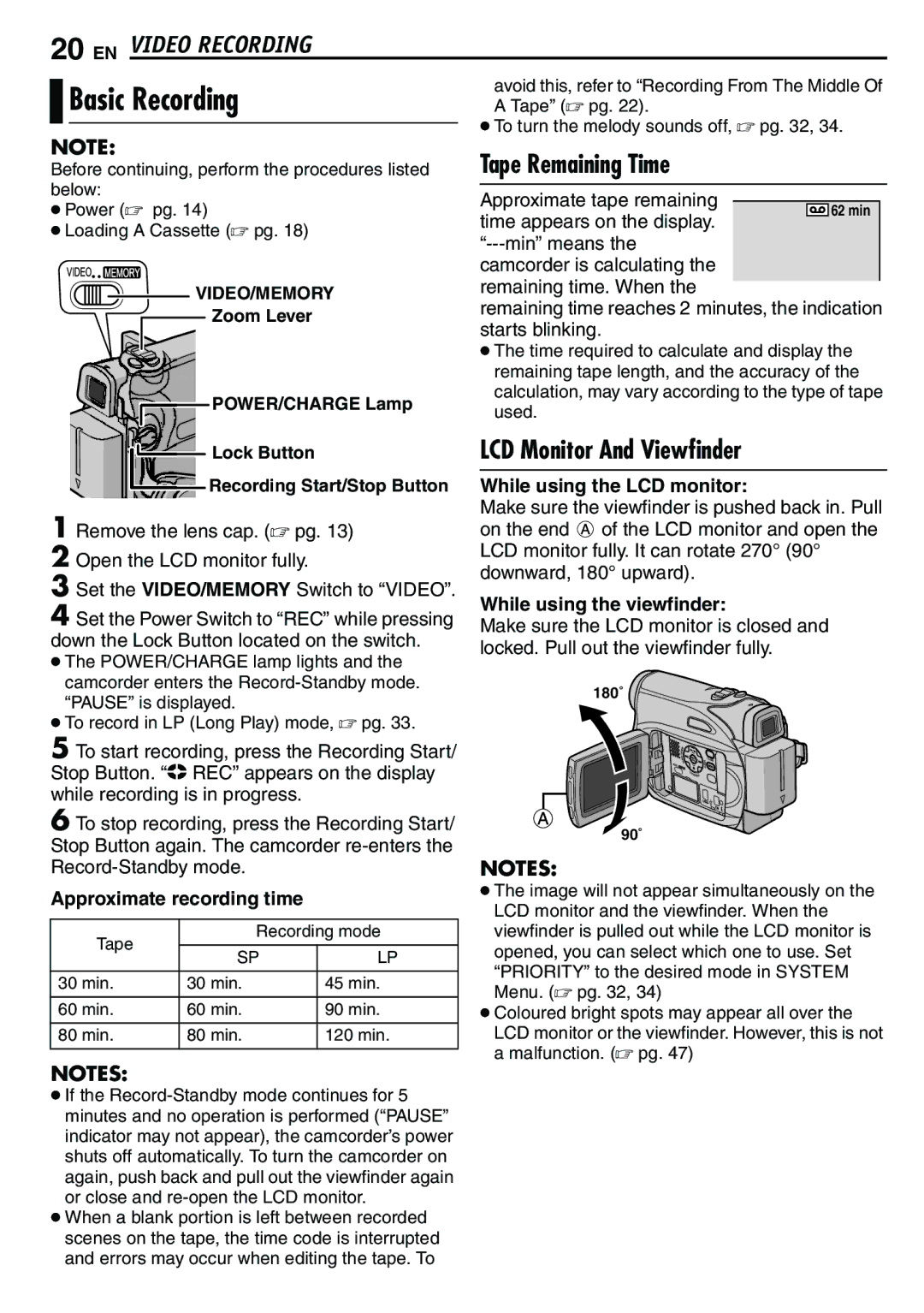 JVC GR-D390EK Tape Remaining Time, LCD Monitor And Viewfinder, Approximate recording time, While using the LCD monitor 