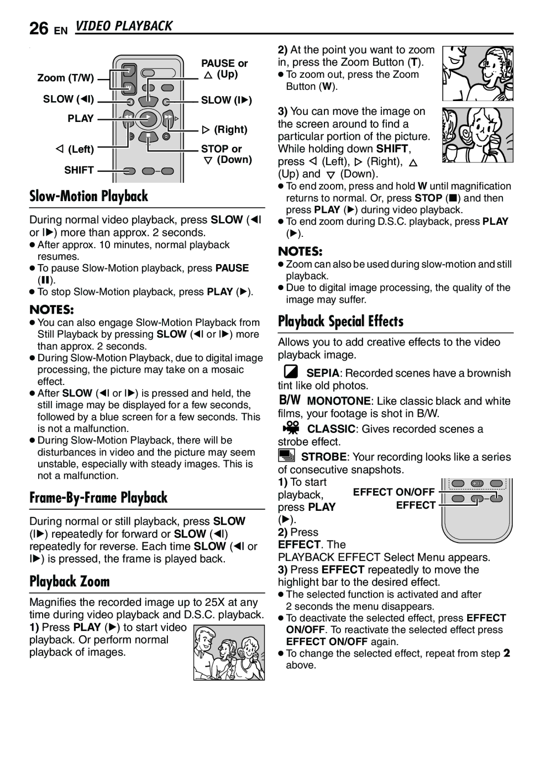 JVC GR-D390EK manual Slow-Motion Playback, Playback Special Effects, Playback Zoom, Frame-By-Frame Playback 