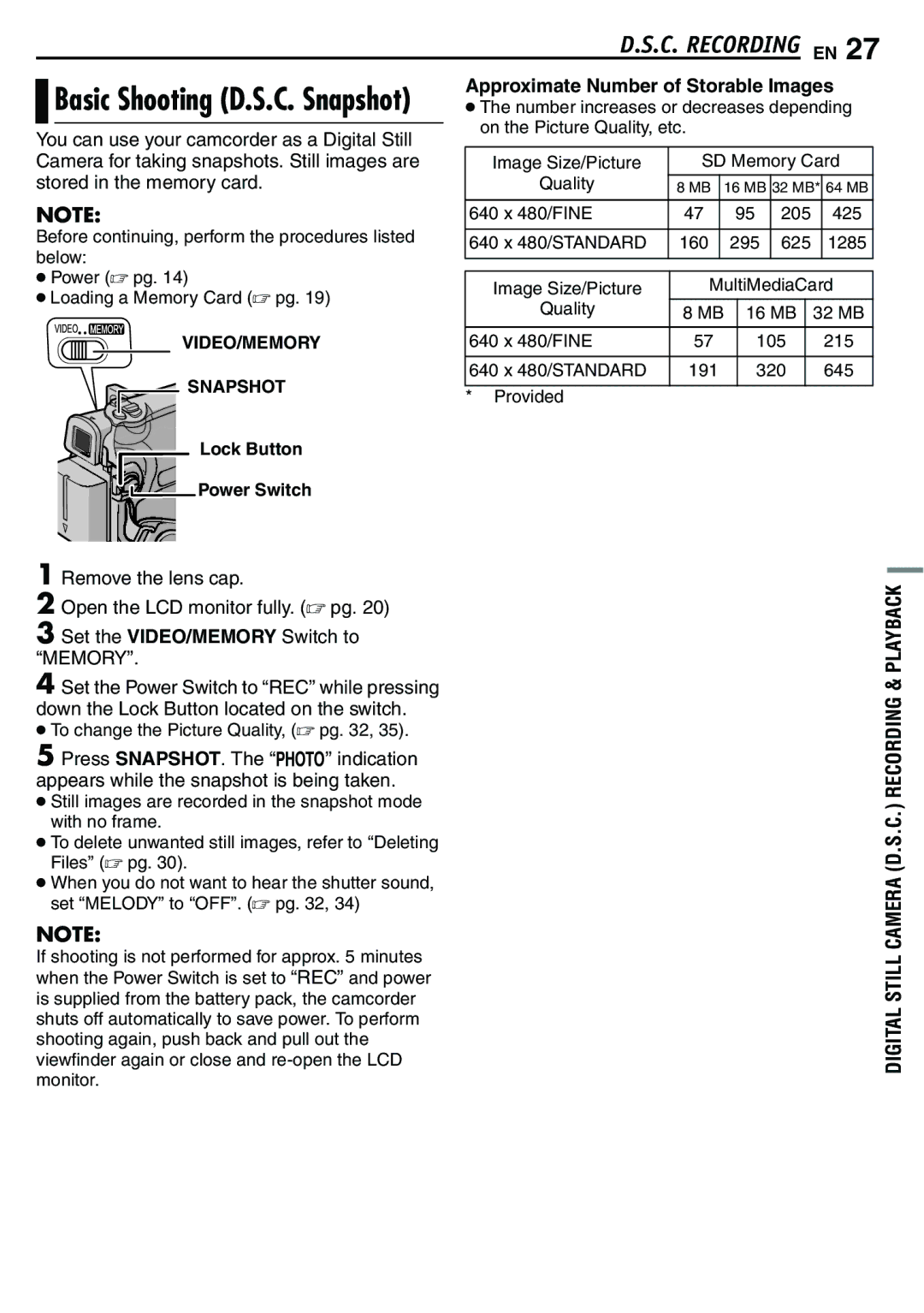 JVC GR-D390EK manual Basic Shooting D.S.C. Snapshot, Approximate Number of Storable Images, Stored in the memory card 