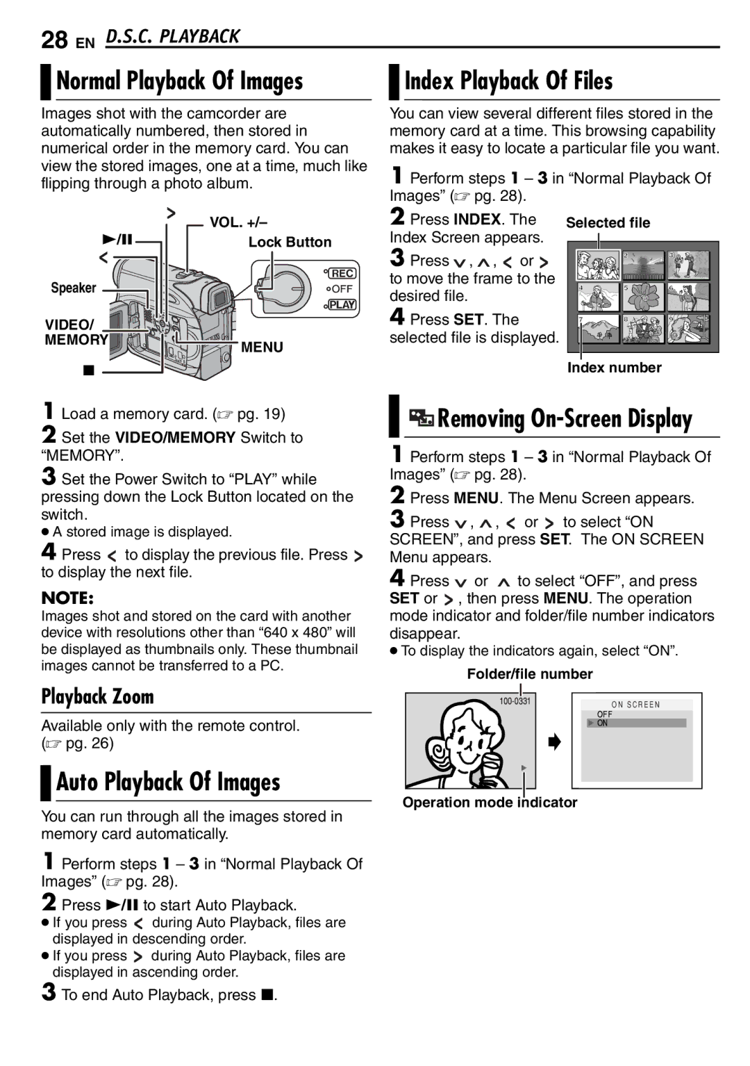 JVC GR-D390EK manual Normal Playback Of Images, Auto Playback Of Images, Index Playback Of Files 