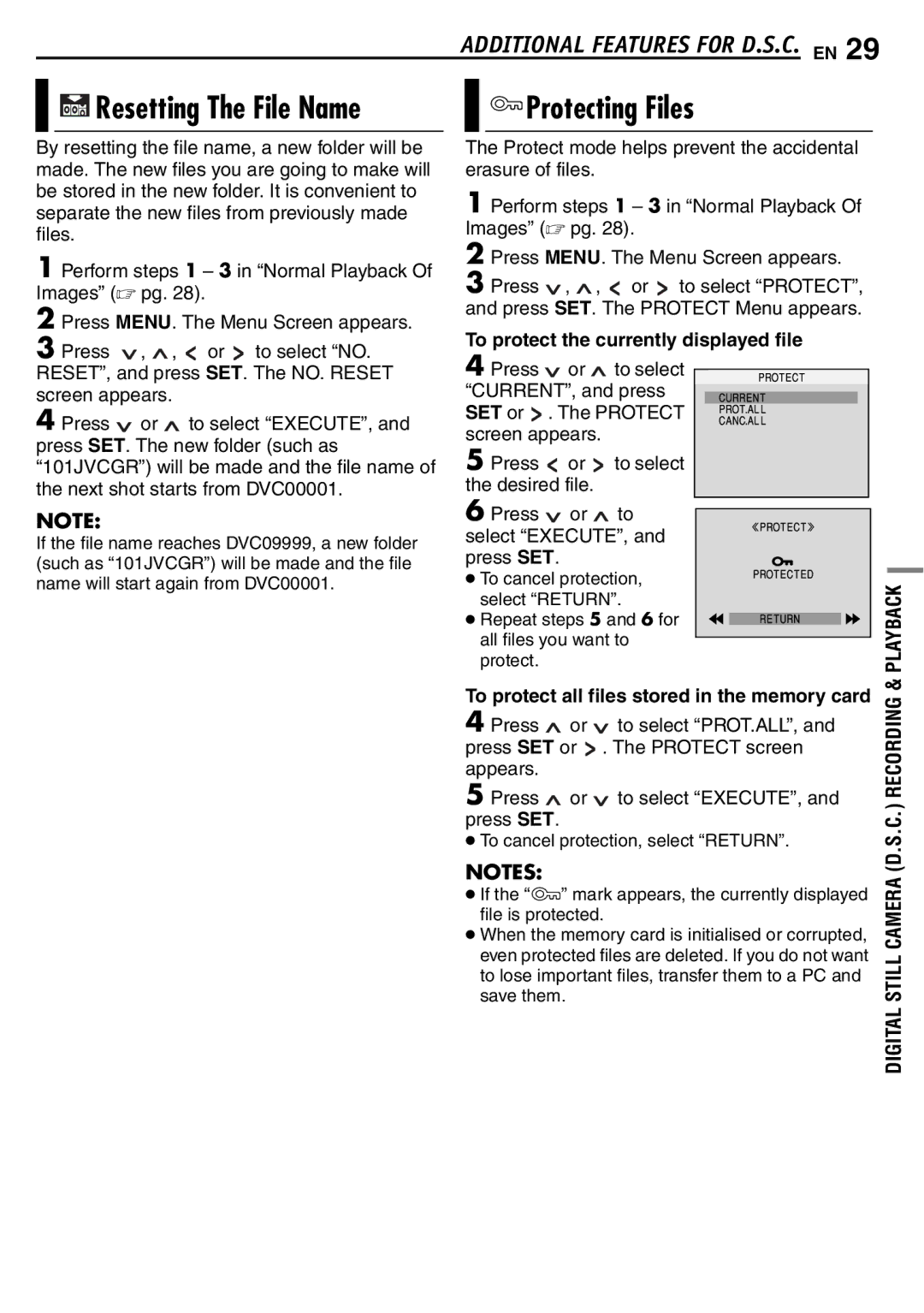 JVC GR-D390EK manual Resetting The File Name, Protecting Files, To protect the currently displayed file 