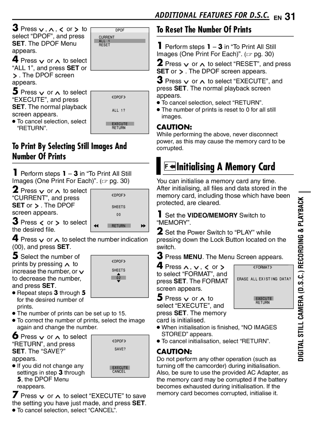 JVC GR-D390EK manual Initialising a Memory Card, To Reset The Number Of Prints, To Print By Selecting Still Images 