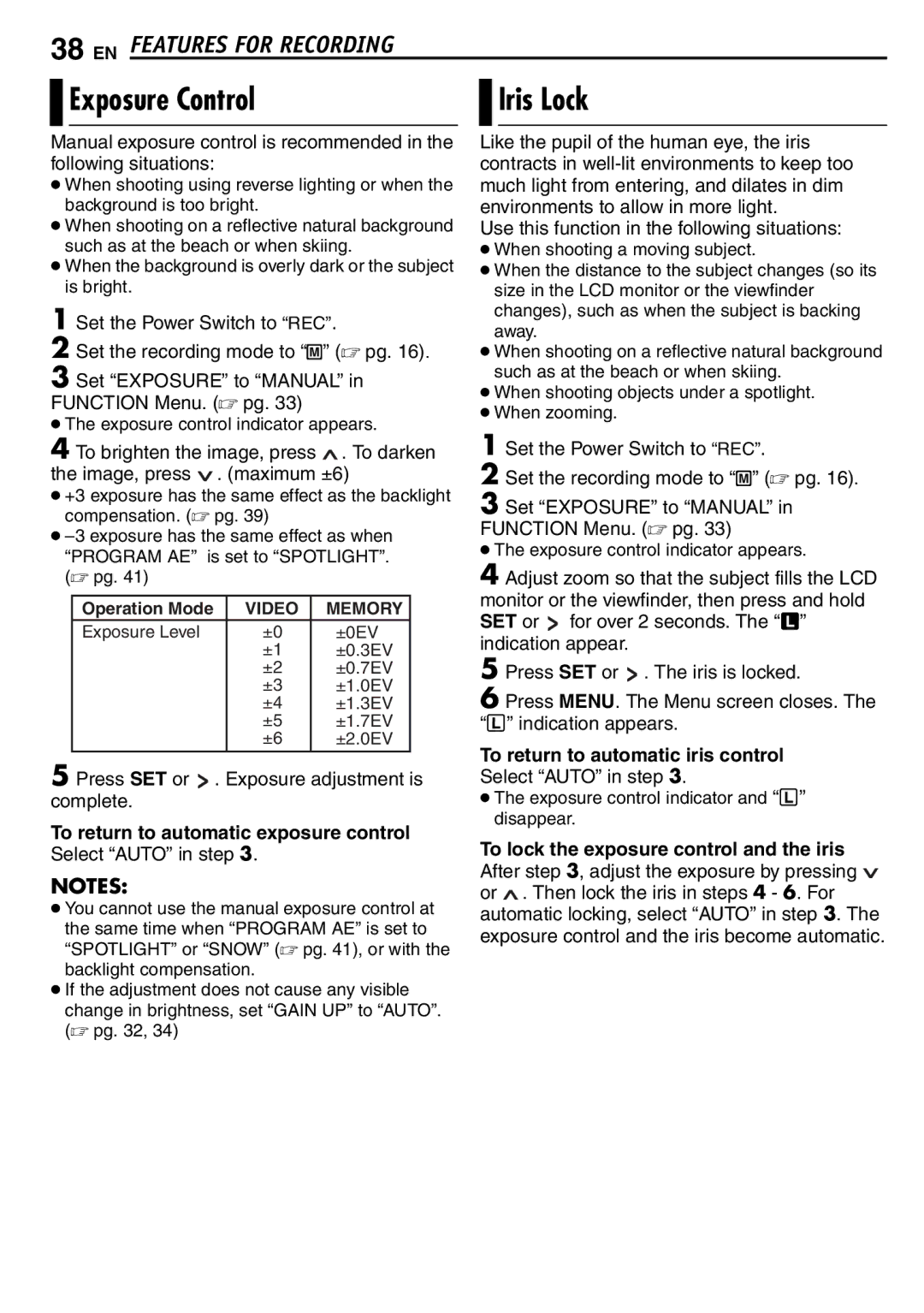 JVC GR-D390EK manual Exposure Control, To return to automatic exposure control, To return to automatic iris control 