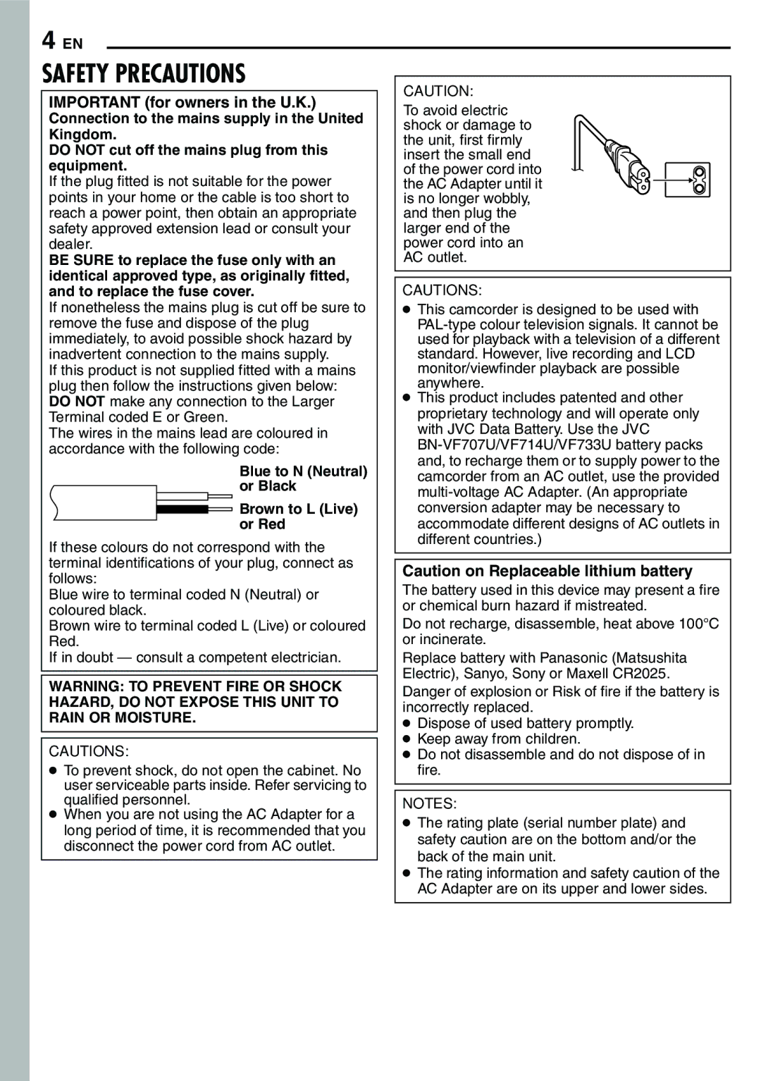 JVC GR-D390EK manual Important for owners in the U.K, Blue to N Neutral or Black Brown to L Live or Red 