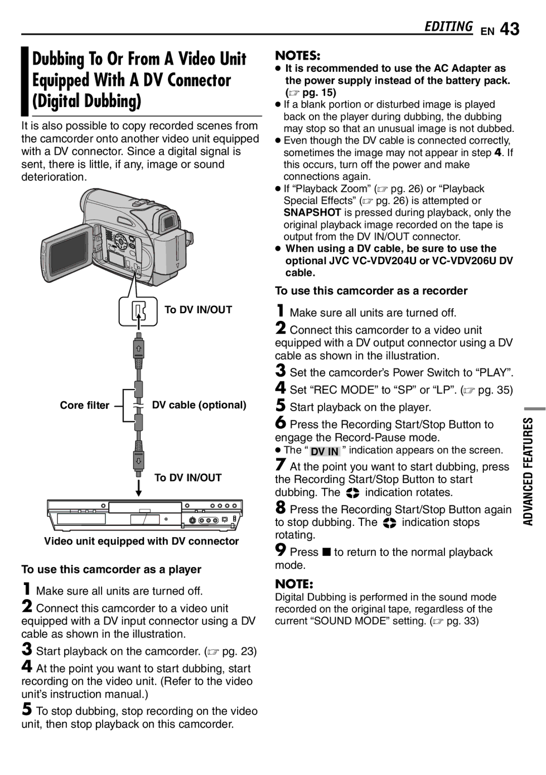 JVC GR-D390EK manual Digital Dubbing, Dubbing To Or From a Video Unit, To use this camcorder as a recorder 