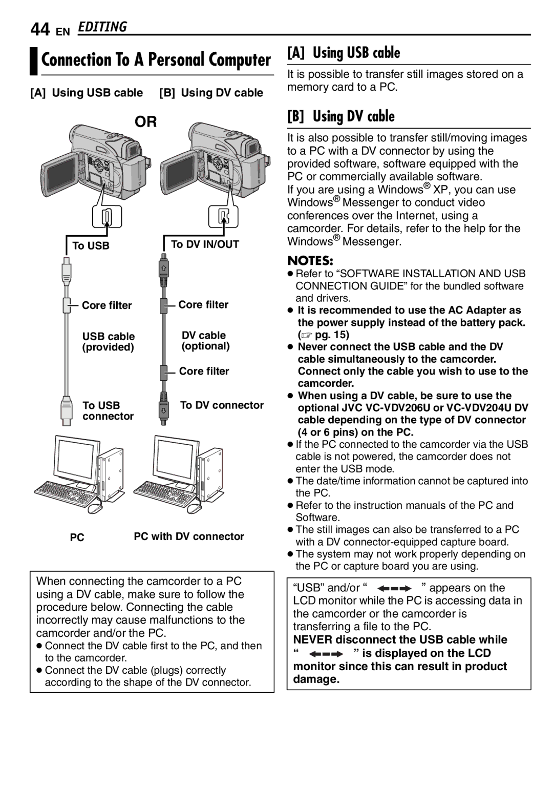 JVC GR-D390EK manual Connection To a Personal Computer, Using USB cable B Using DV cable, Memory card to a PC 