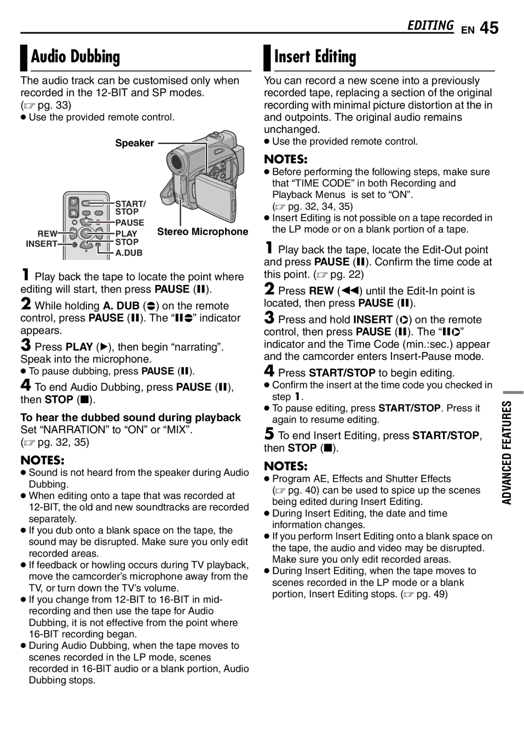 JVC GR-D390EK manual Audio Dubbing, Insert Editing, To hear the dubbed sound during playback 