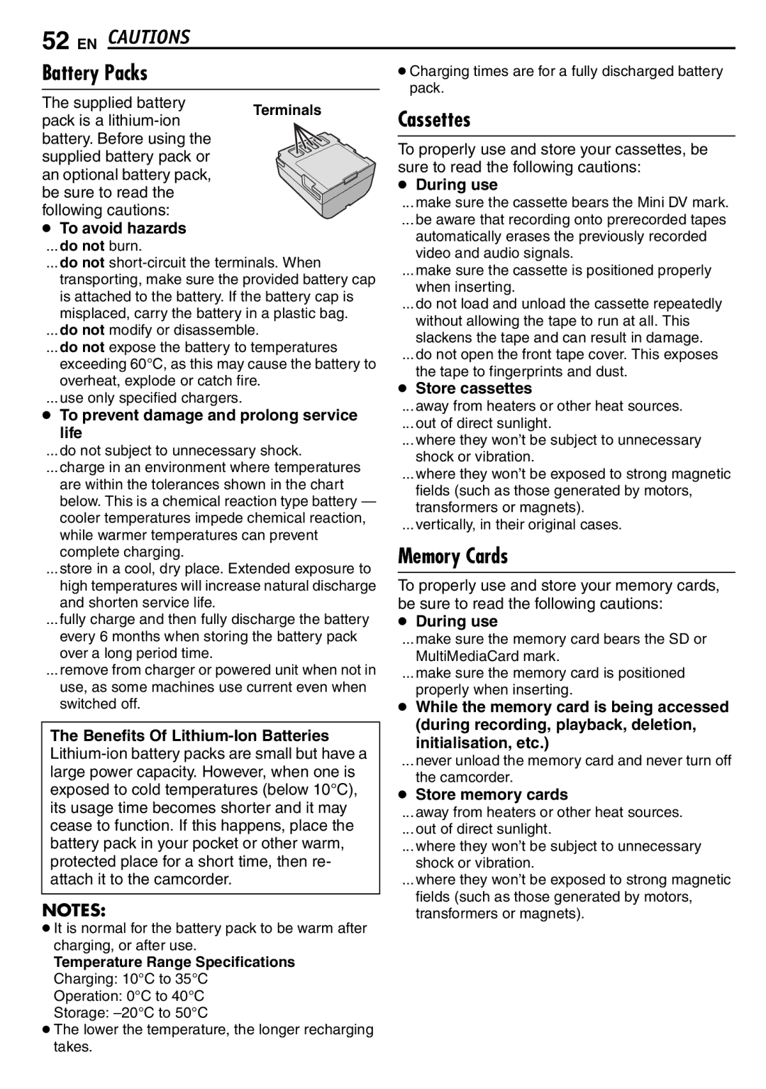 JVC GR-D390EK manual Battery Packs, Cassettes, Memory Cards 