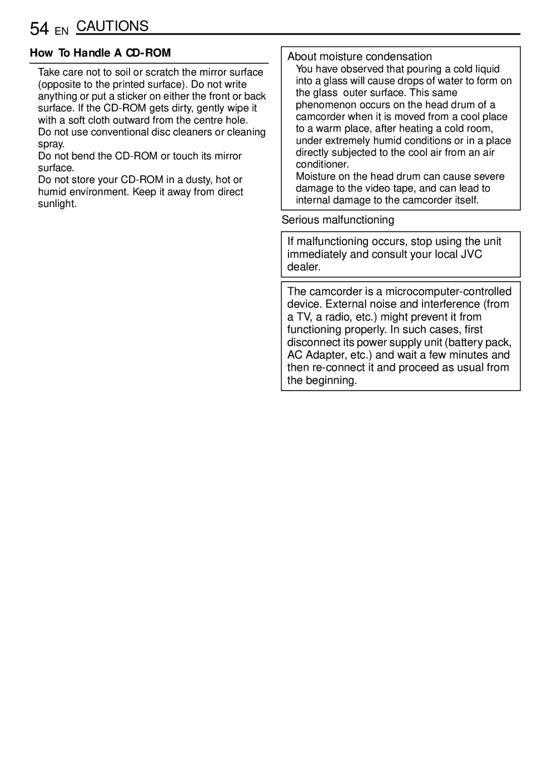 JVC GR-D390EK manual How To Handle a CD-ROM, About moisture condensation, Serious malfunctioning 