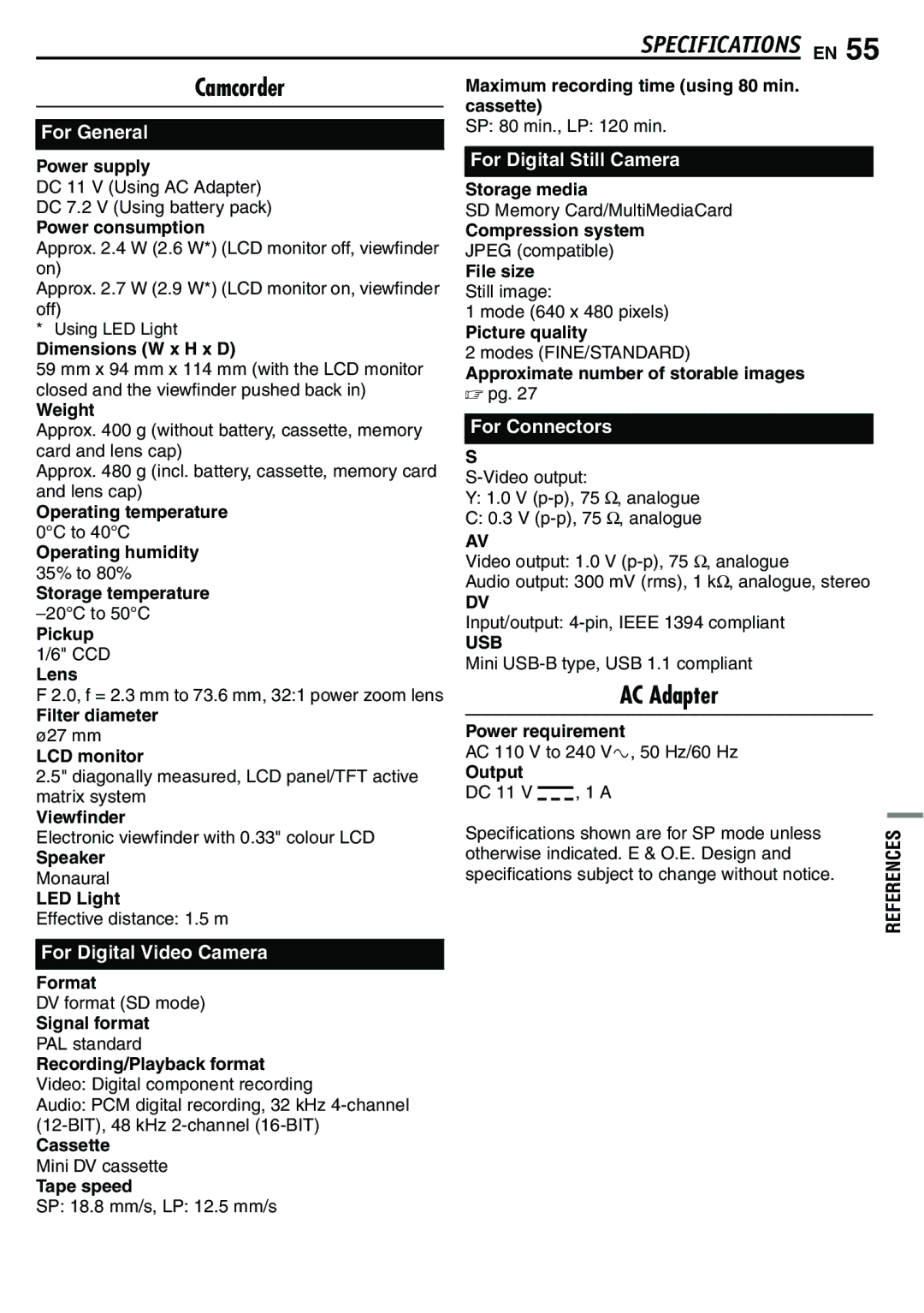 JVC GR-D390EK manual Camcorder, AC Adapter, References 