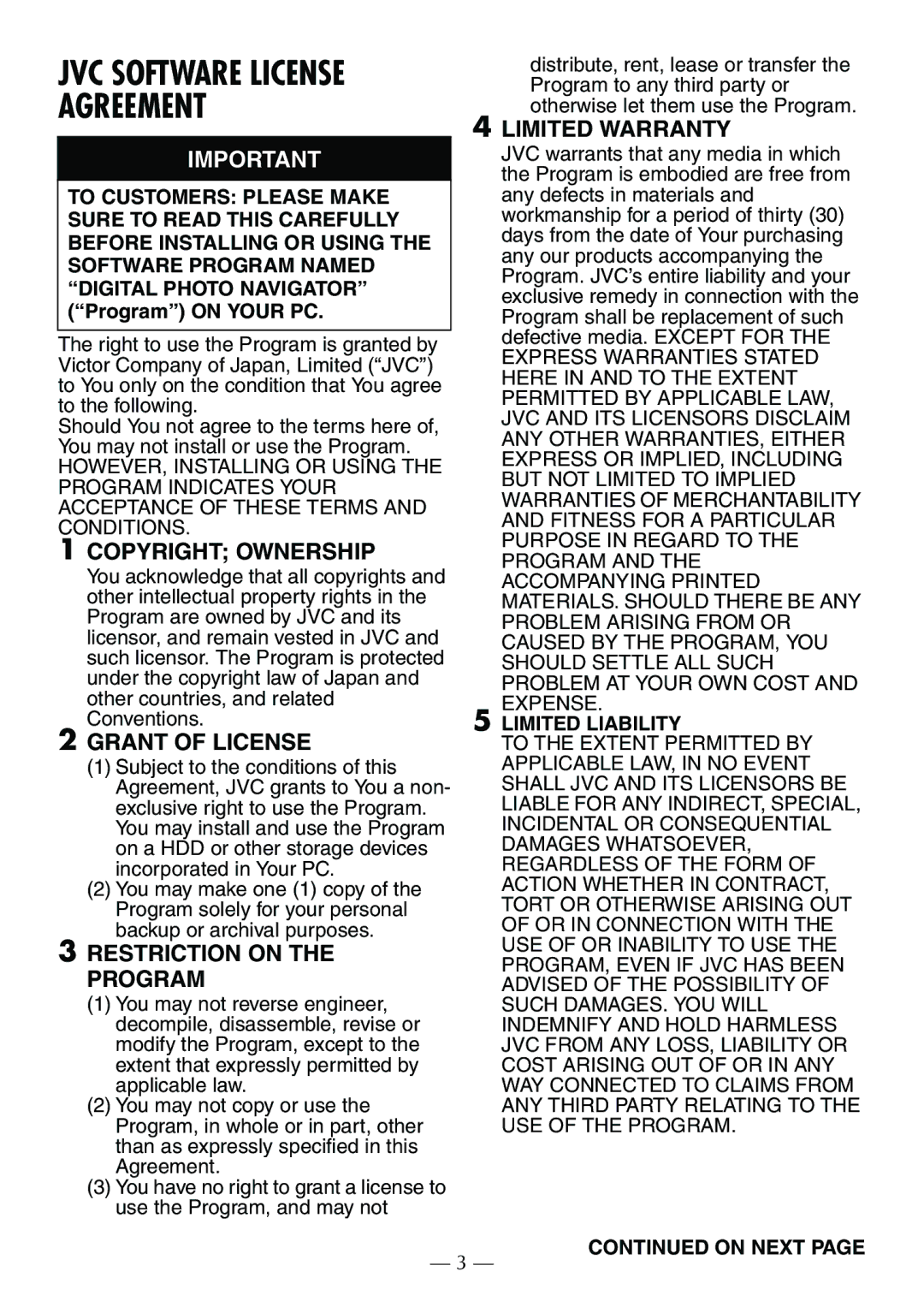 JVC GR-D390EK manual JVC Software License Agreement, Limited Liability 