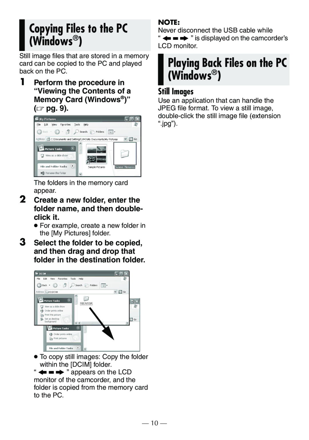 JVC GR-D390EK manual Copying Files to the PC Windows, Still Images 