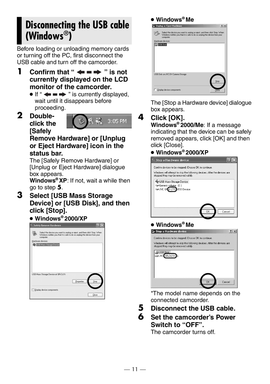 JVC GR-D390EK manual Disconnecting the USB cable Windows 