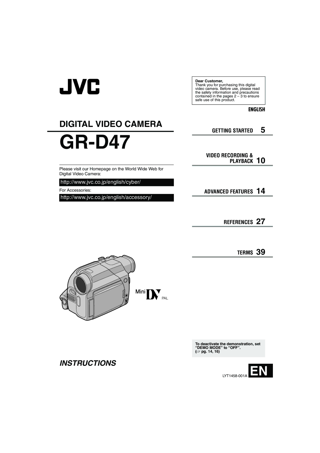 JVC GR-D47 manual Dear Customer, To deactivate the demonstration, set Demo Mode to OFF, LYT1458-001A EN 