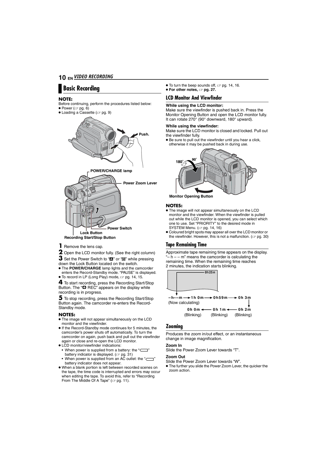 JVC GR-D47 manual Basic Recording, EN Video Recording, LCD Monitor And Viewfinder, Tape Remaining Time, Zooming 