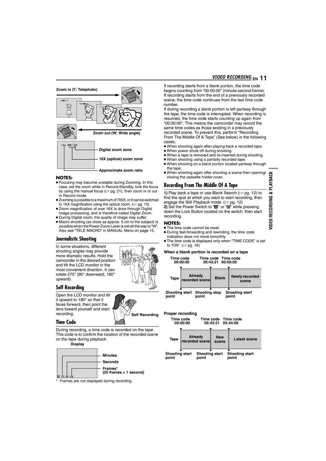 JVC GR-D47 manual Video Recording EN, Journalistic Shooting, Self Recording, Time Code, Recording From The Middle Of a Tape 