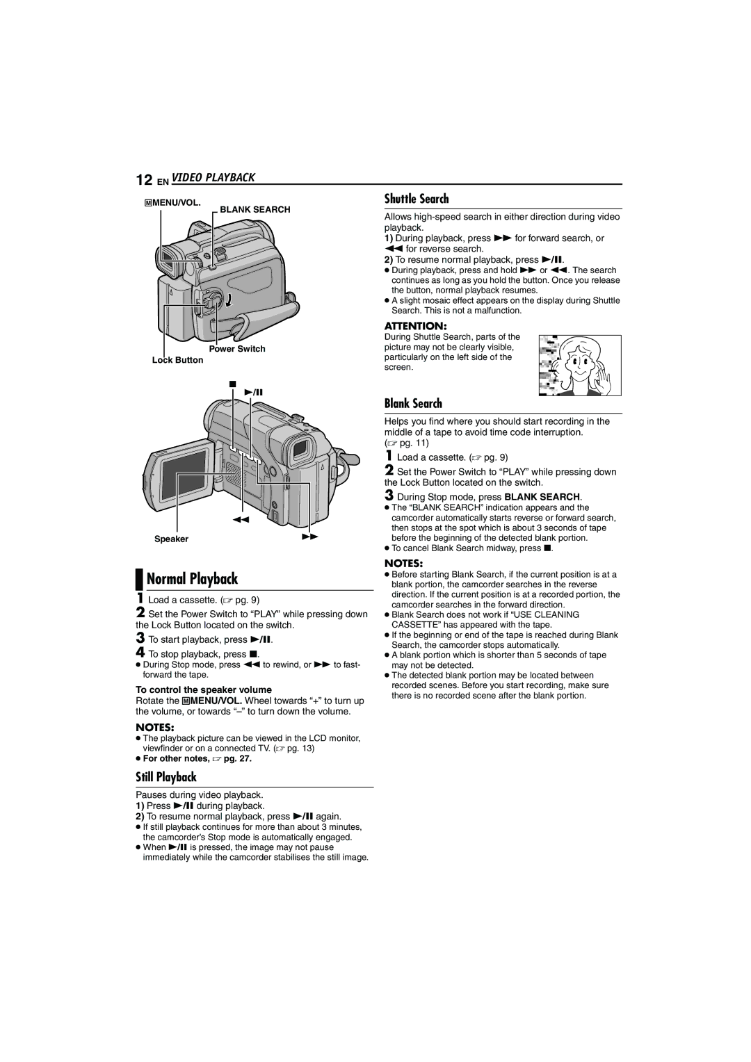 JVC GR-D47 manual Normal Playback, EN Video Playback, Shuttle Search, Blank Search, Still Playback 