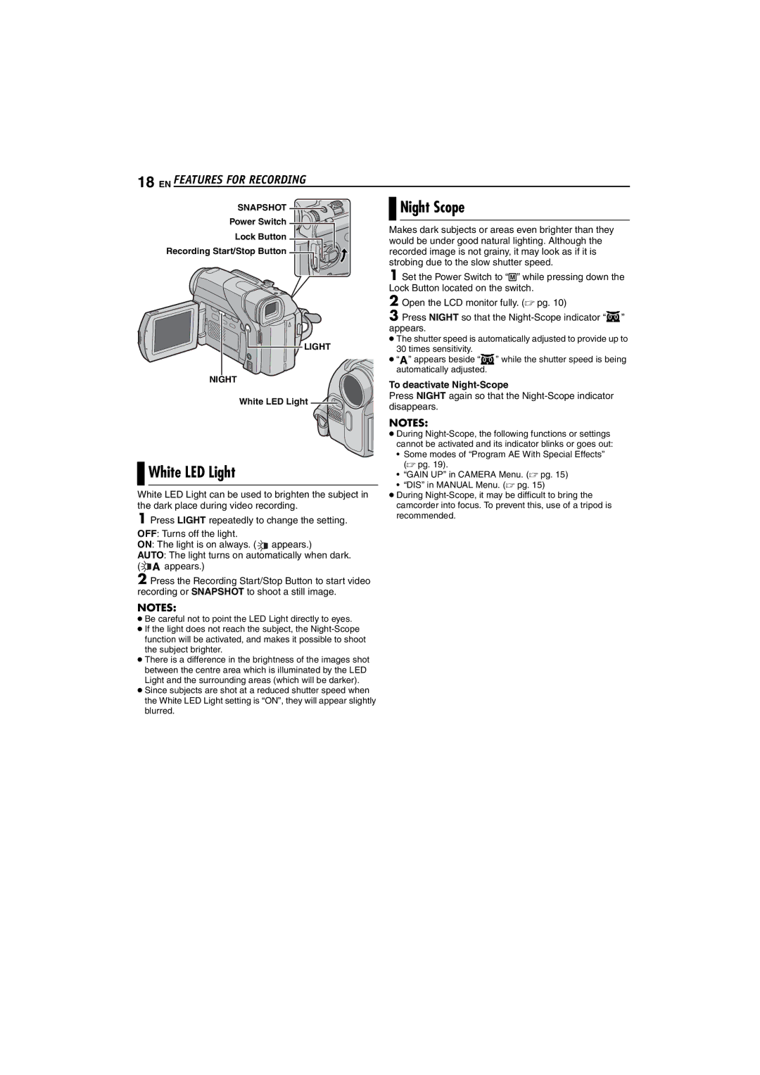 JVC GR-D47 manual Night Scope, White LED Light, To deactivate Night-Scope 